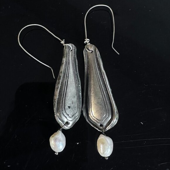 Genuine Pearls Antique Sterling Silver 925 Earrings Drop Dangle Repousse - Picture 7 of 9